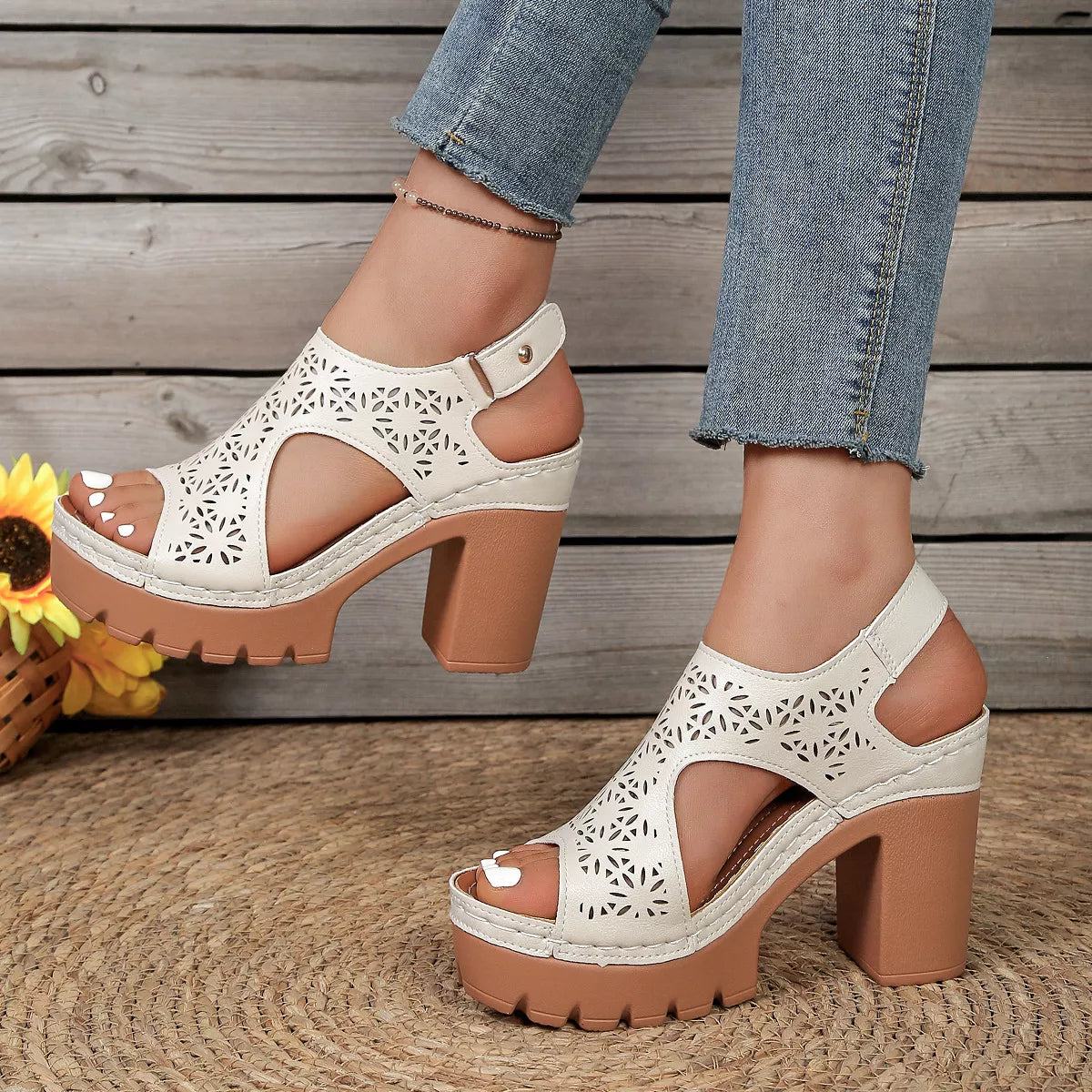 Open Toe Block Heels Sandals White