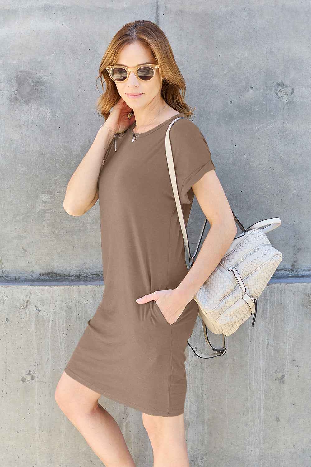 Basic Bae Women's Round Neck Short Sleeve Midi Dress Pockets Multi ColorsS-3XL Camel XL