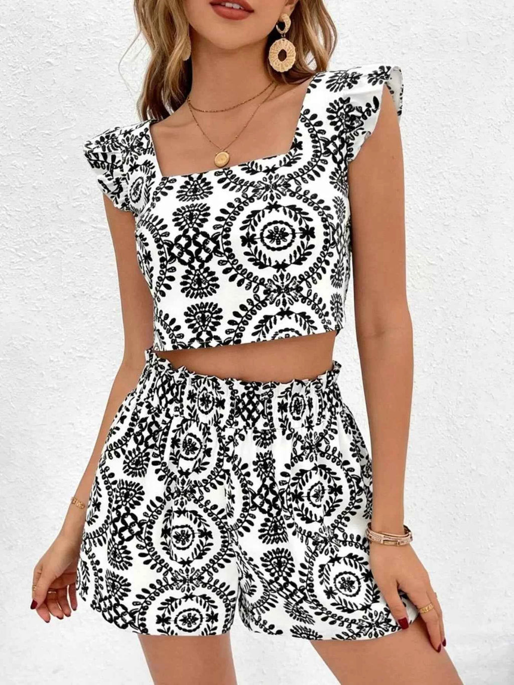 Women's Printed Ruffle Trim Crop Top & Shorts Matching Two-Piece Set Black XS-L Black