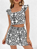 Women's Printed Ruffle Trim Crop Top & Shorts Matching Two-Piece Set Black XS-L Black