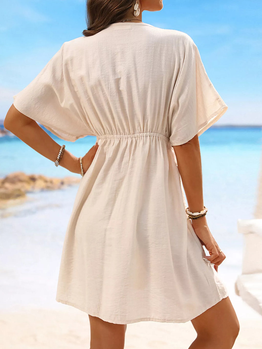 Women's Lace Trim V-Neck Short Sleeve Beach Cover-Up Dress Multi Colors S-L