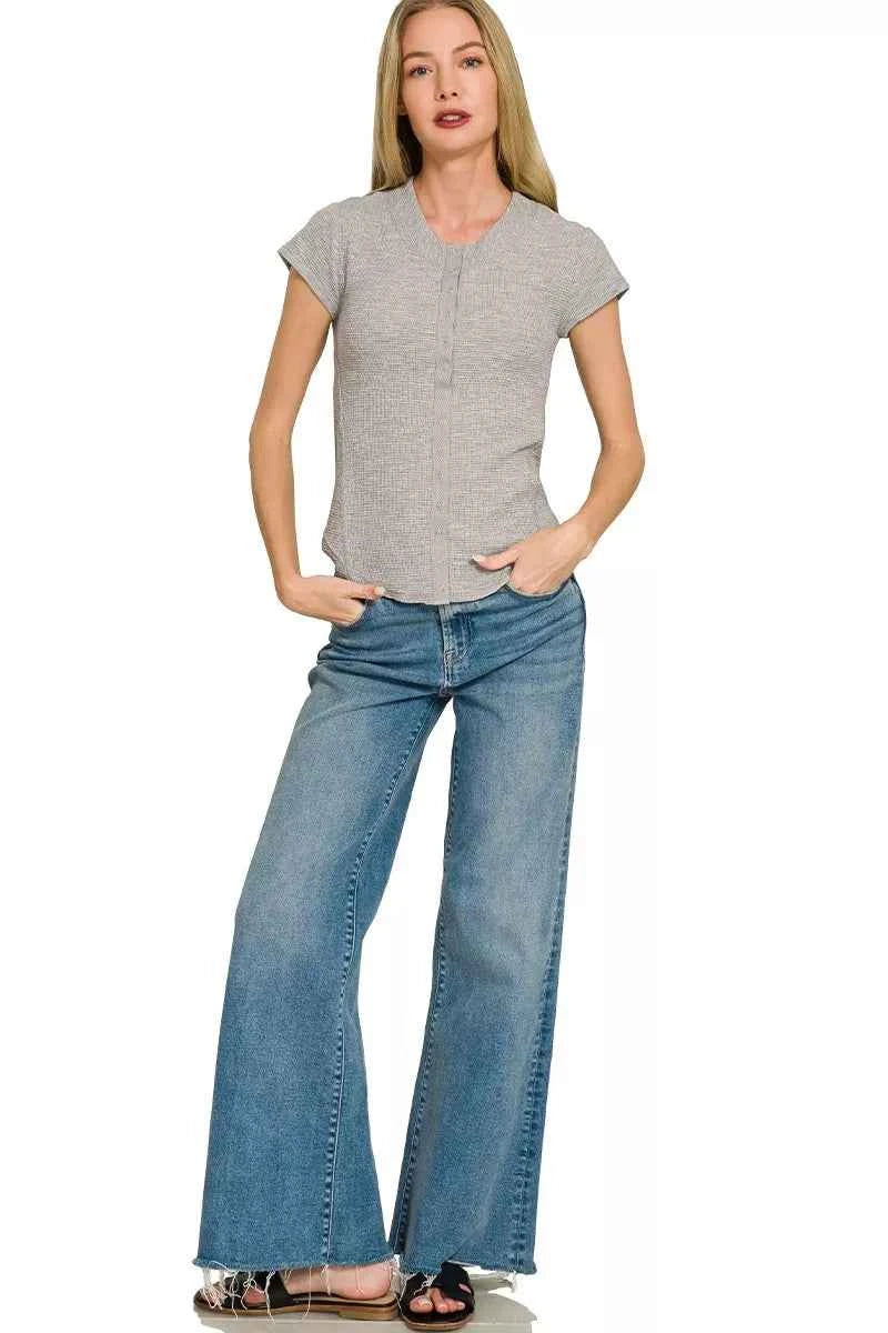 Women's Zenana Double Knit Snap Button Short Sleeve Shirt Heather Grey S-L