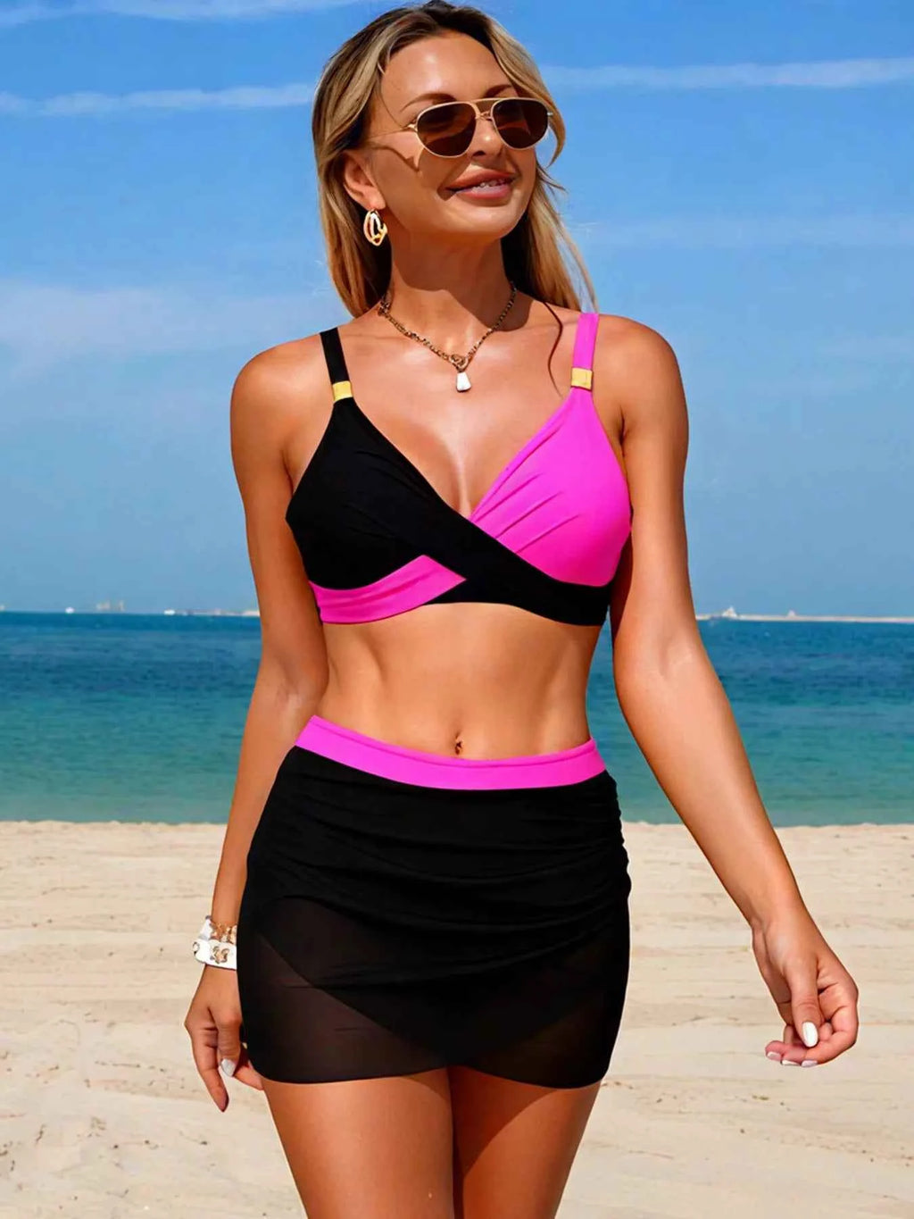 Women's Two-Tone Cami Skort Swim Set Removable Padding Multi Colors S-2XL