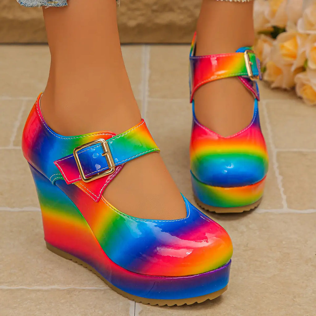 Women’s Rainbow Tie Dye Platform Wedge Sandals Boho Festival Mary Jane Heels