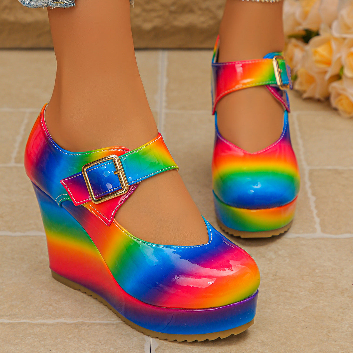 Women’s Rainbow Tie Dye Platform Wedge Sandals Boho Festival Mary Jane Heels Footwear