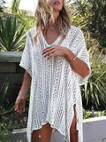 Women's Crochet Knit V-Neck Slit Cutout Beach Cover-Up Multi Colors One Size White One Size