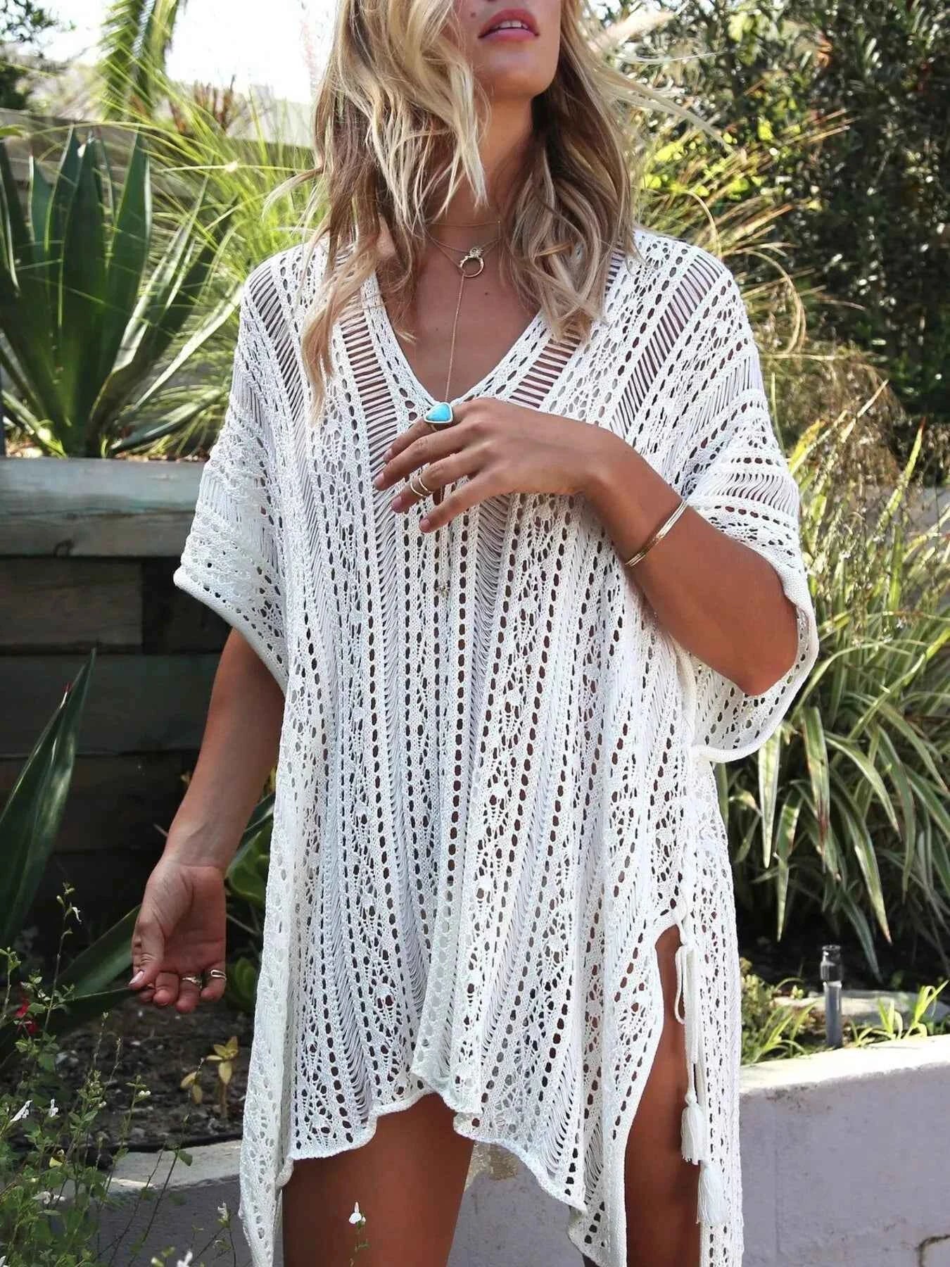 Women's Crochet Knit V-Neck Slit Cutout Beach Cover-Up Multi Colors One Size White One Size