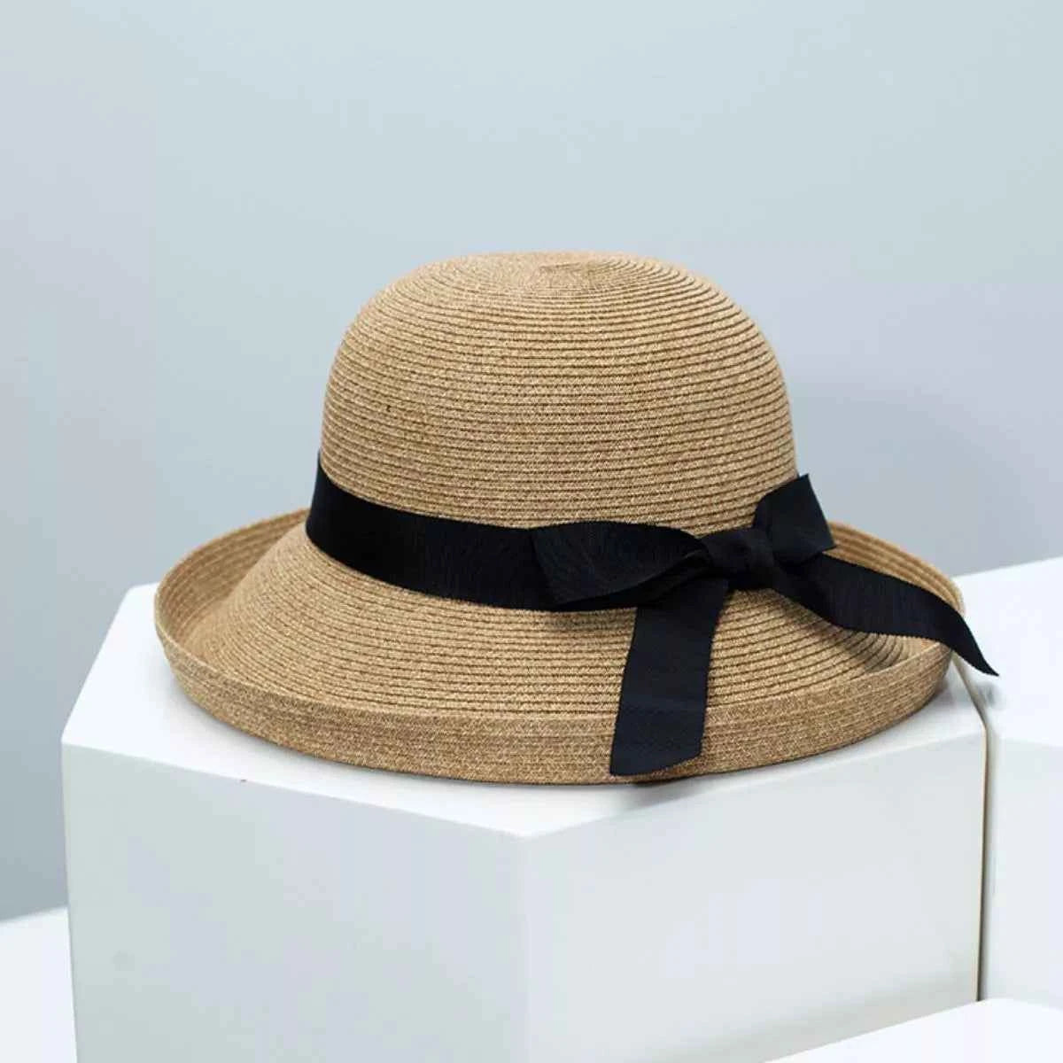 Women's Wide Brim Woven Straw Sun Hat Ribbon Accent Beach Resort Multi One Size Black One Size
