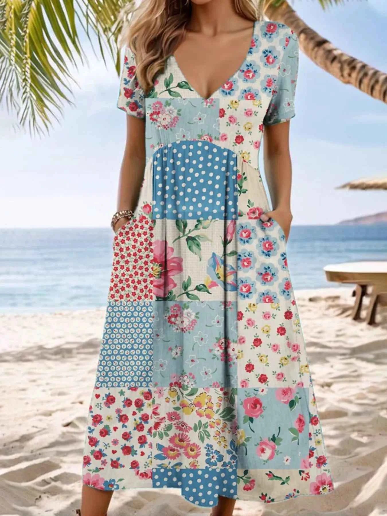 Full Size Floral V-Neck Casual Midi Dress Plus Size Pink
