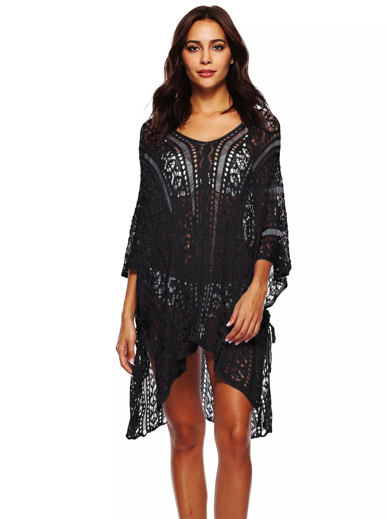 Women's Crochet Knit V-Neck Slit Cutout Beach Cover-Up Multi Colors One Size Black One Size