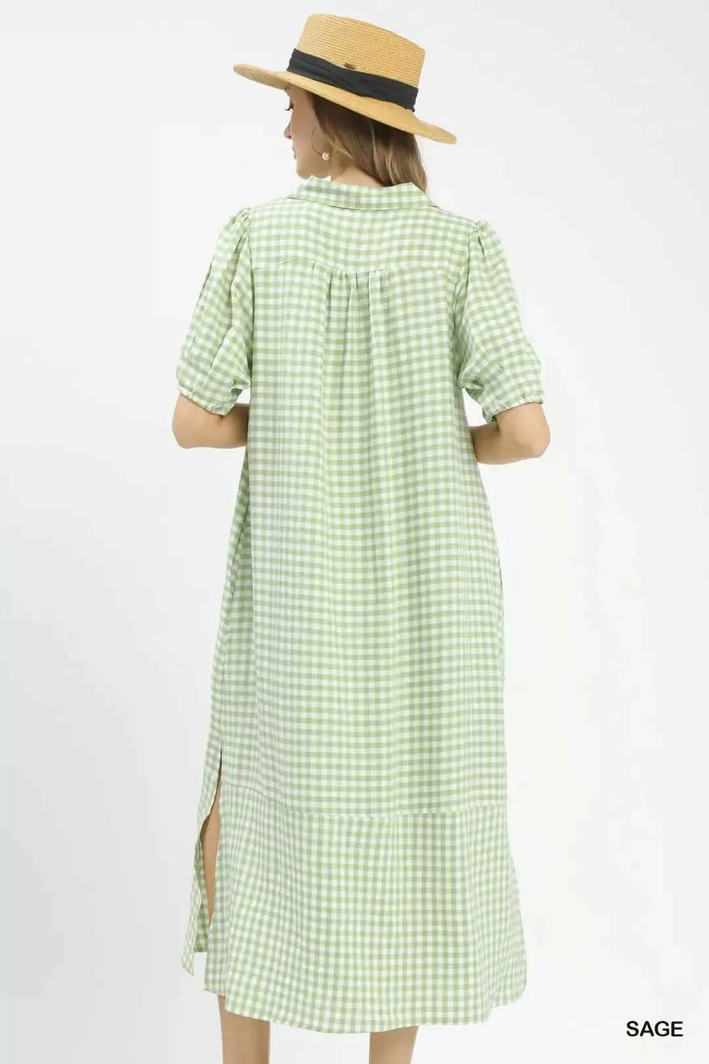 Umgee Women's Gingham A-Line Midi Dress V-Neck Ruffle Hem Pockets Sage S-L