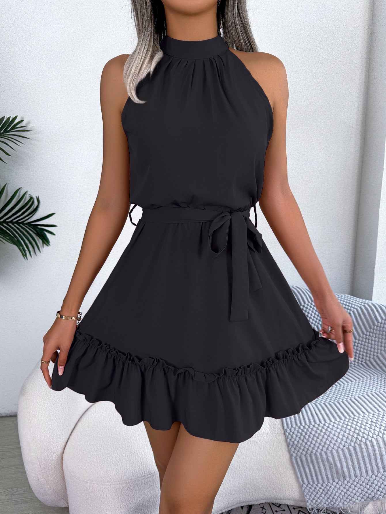 Halter Neck Ruffle Hem A-Line Dress
