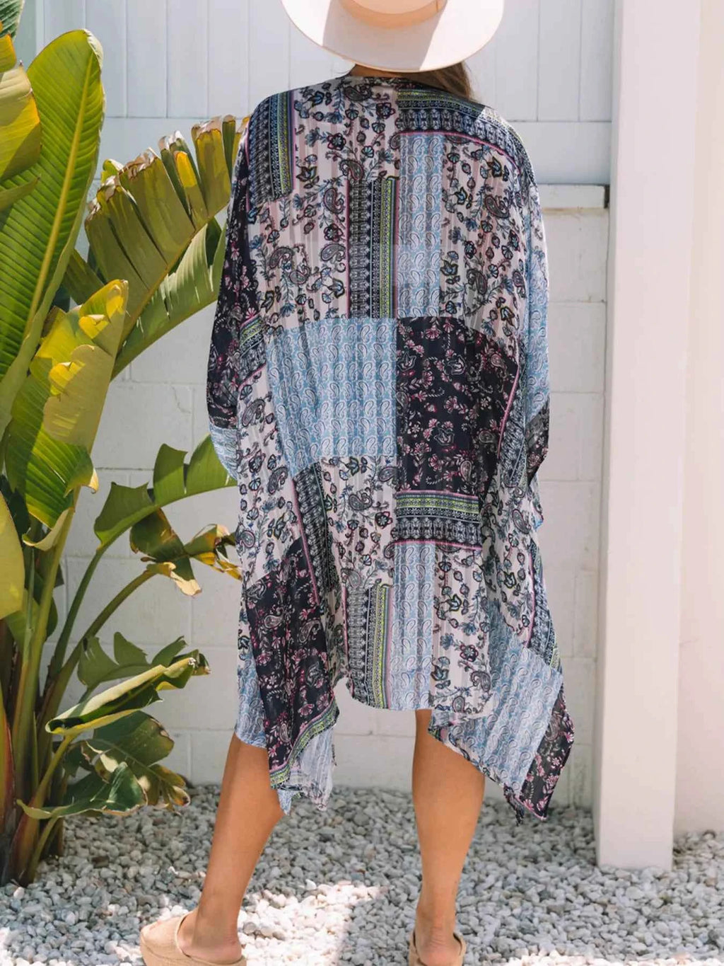 Women's Printed Open Front Cover Up Oversized Beach Kimono Blue One Size
