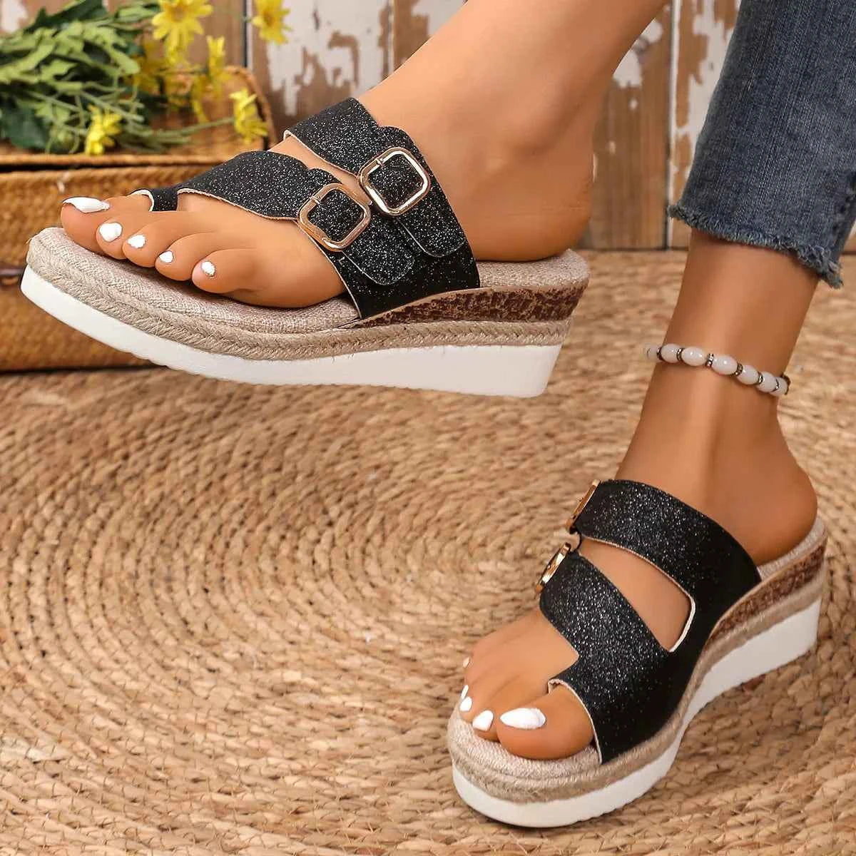 Women's Double Buckle Mid Wedge Sandals Boho Open Toe Silver Black Gold US 5-11