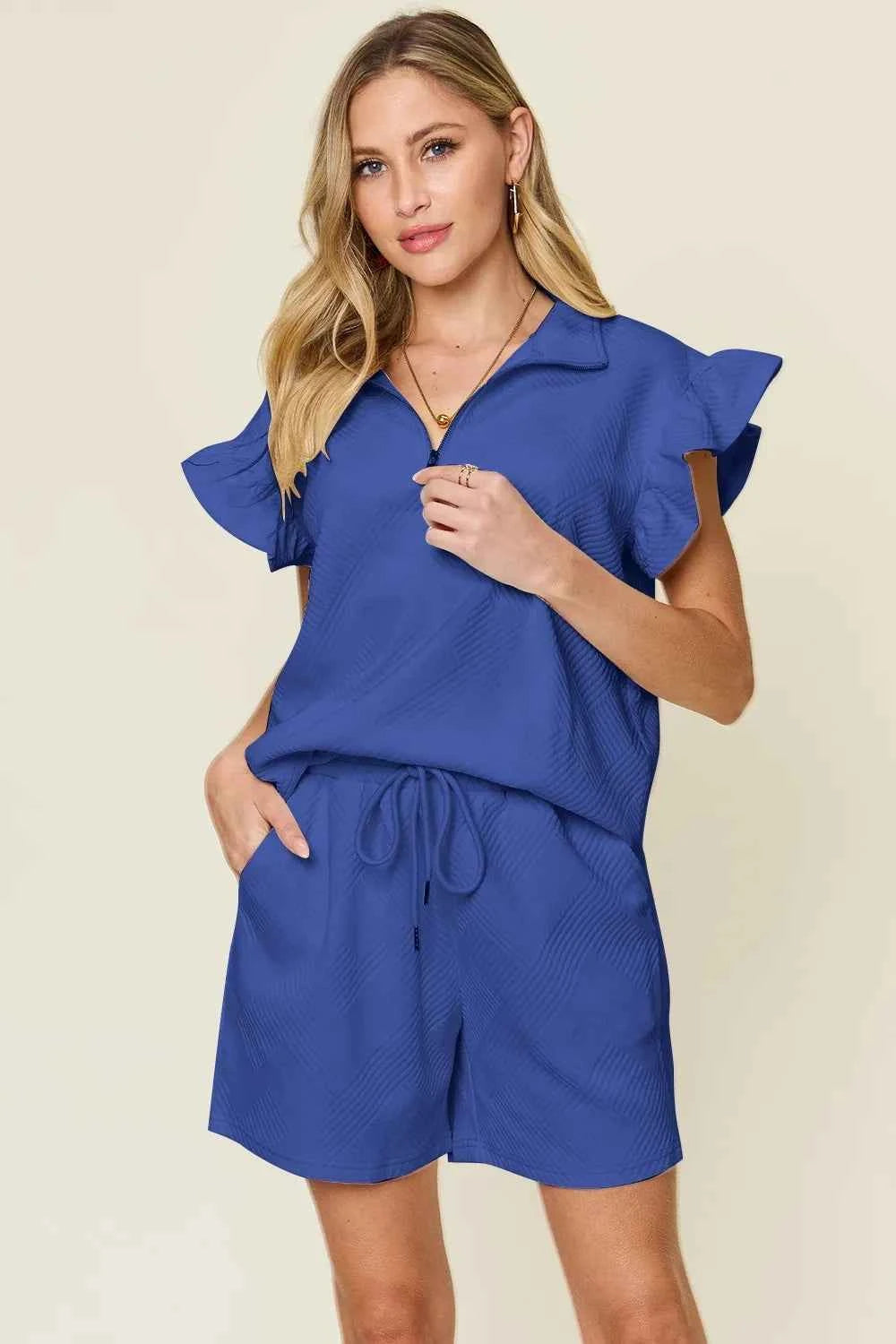 Women's Double Take Flounce Sleeve V-neck Top Shorts Set Two-Piece Multi Colors S-3XL