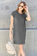 Basic Bae Women's Round Neck Short Sleeve Midi Dress Pockets S-3XL Mocha