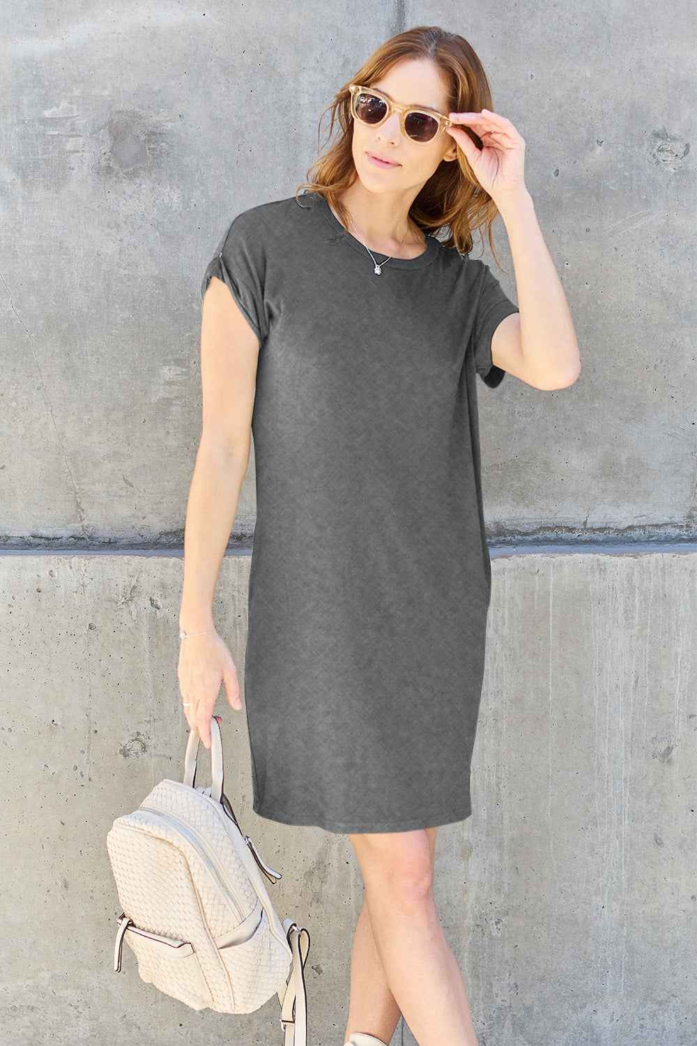Basic Bae Women's Round Neck Short Sleeve Midi Dress Pockets Multi ColorsS-3XL