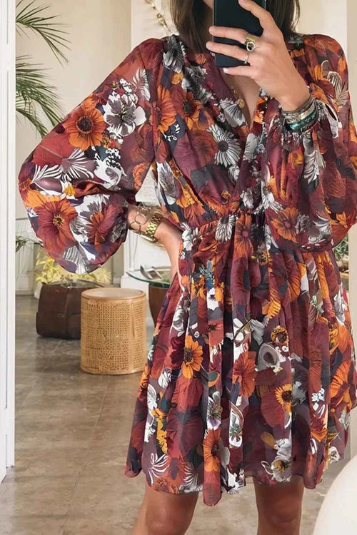 Floral Print Balloon Sleeve Mini Dress Floral