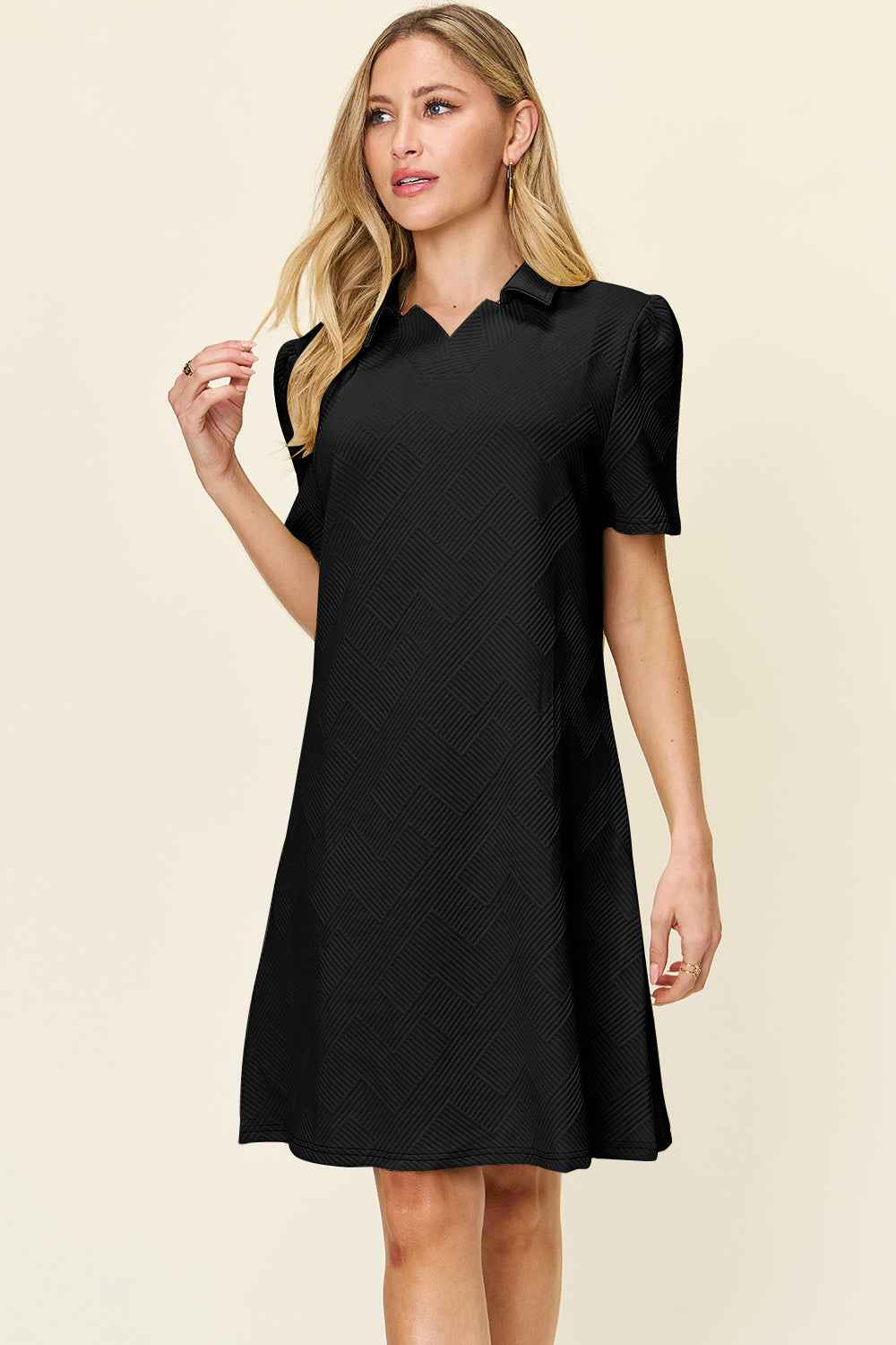 Double Take Women's Texture Collared Neck Short Sleeve Dress S-3XL Black