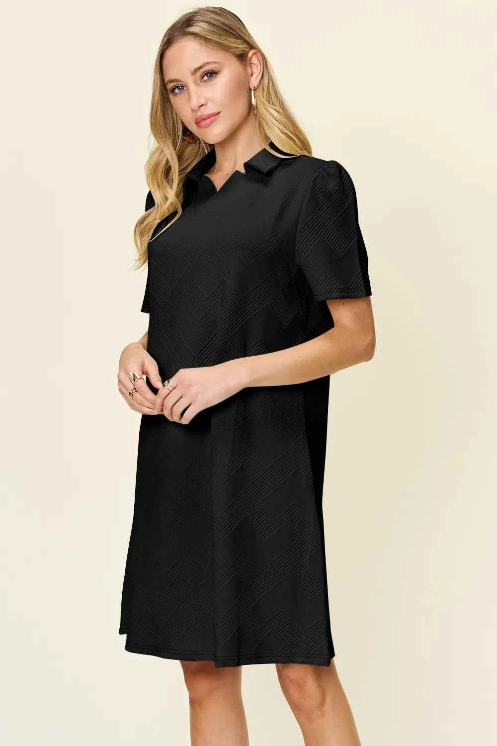 Women's Double Take Texture Collared Neck Short Sleeve Dress Multi Colors S-3XL
