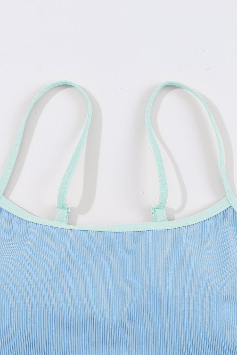 Women’s Beau Blue Ribbed Contrast Trim 2-Piece Bikini Set (Spaghetti Strap) Swimwear/High Waisted Swimsuit