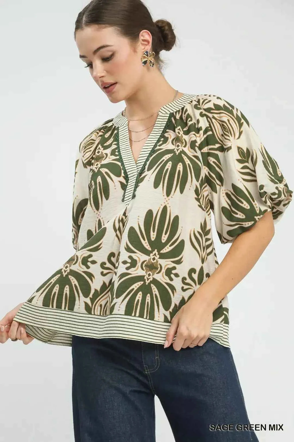 Women's Umgee Mixed Print Puff Sleeve Top Contrast Trim Sage Green S-L SAGE GREEN MIX