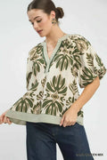 Women's Umgee Mixed Print Puff Sleeve Top Contrast Trim Sage Green S-L SAGE GREEN MIX