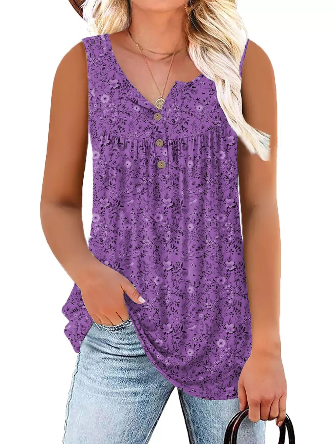 Full Size Floral Print Button Detail Tank Plus Size Purple