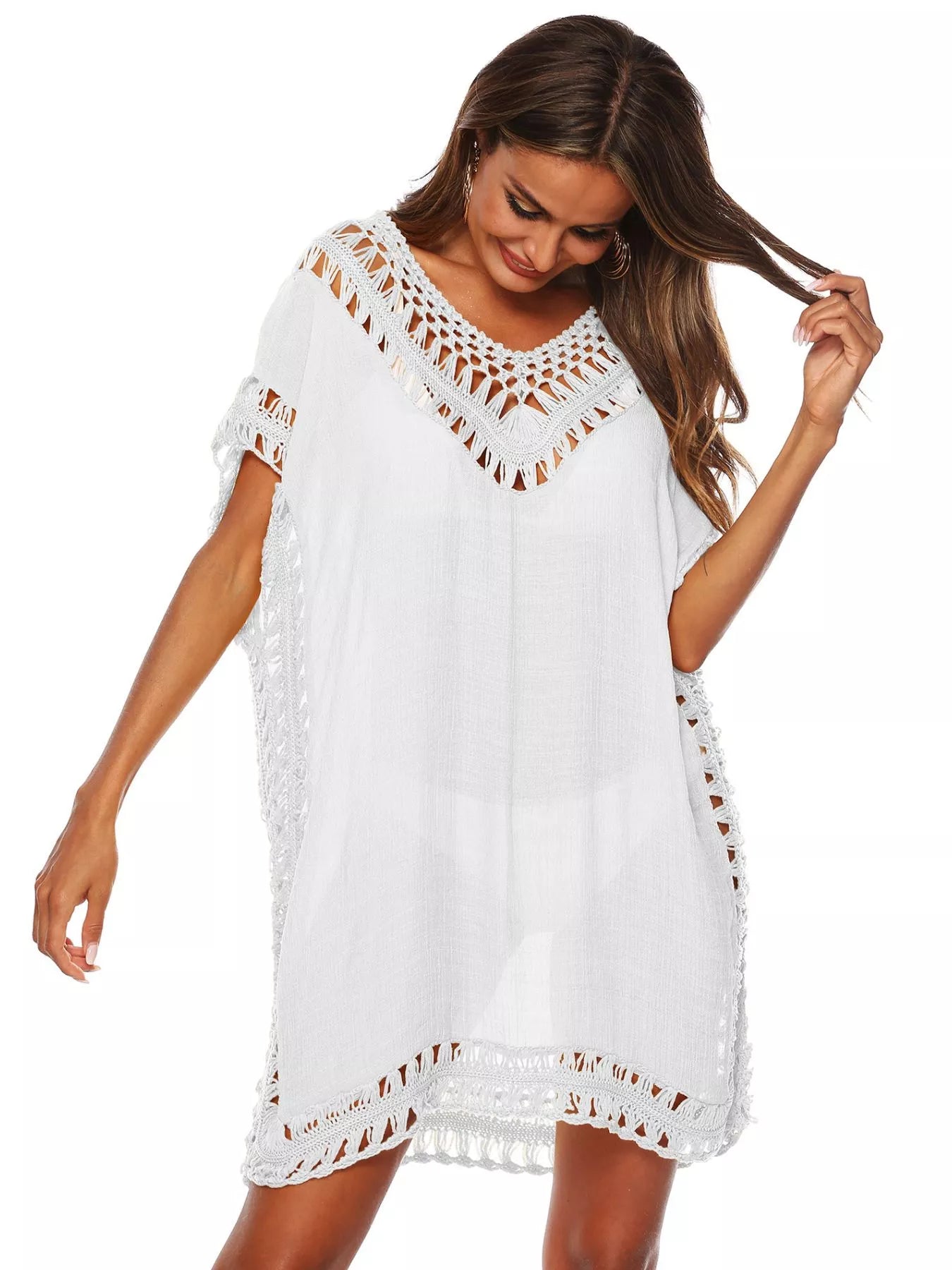 Crochet Trim Cutout V-Neck Cover-Up Dress White One Size