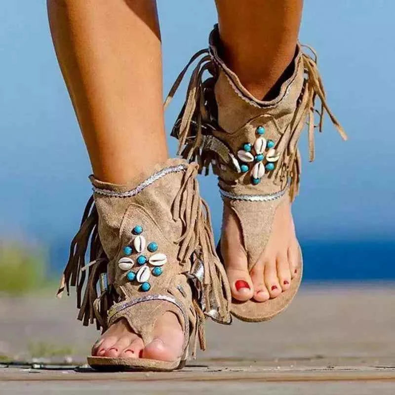 Women's Boho Fringe Ankle Cuff Sandals Low Heel Black Beige Khaki EU 35-43