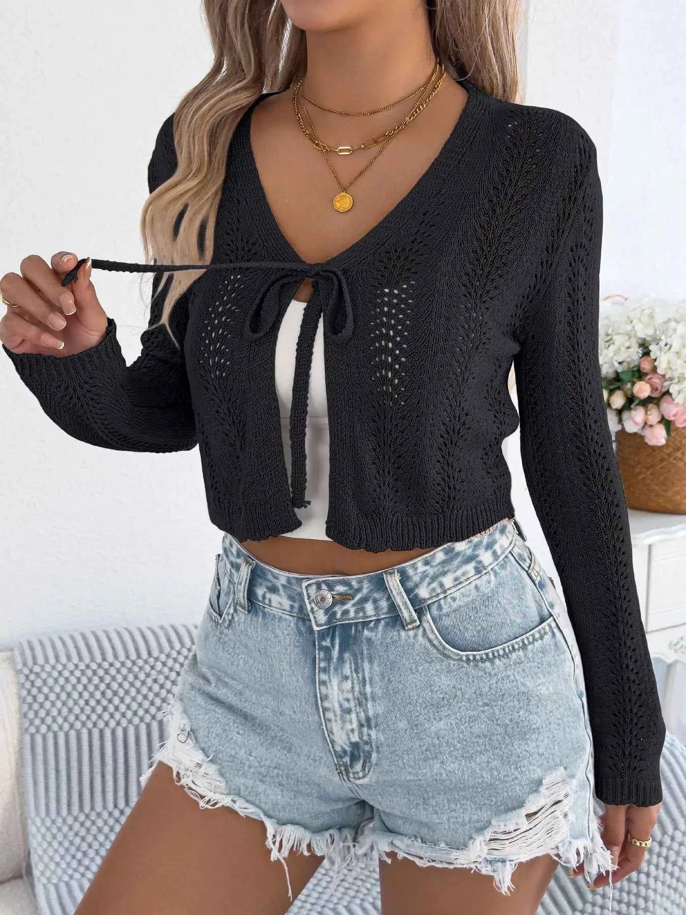 Women's Crochet Knit Tie Front Cropped Cardigan Lightweight Open Knit S-XL Black