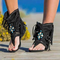 Women's Boho Fringe Ankle Cuff Sandals Low Heel Black Beige Khaki EU 35-43