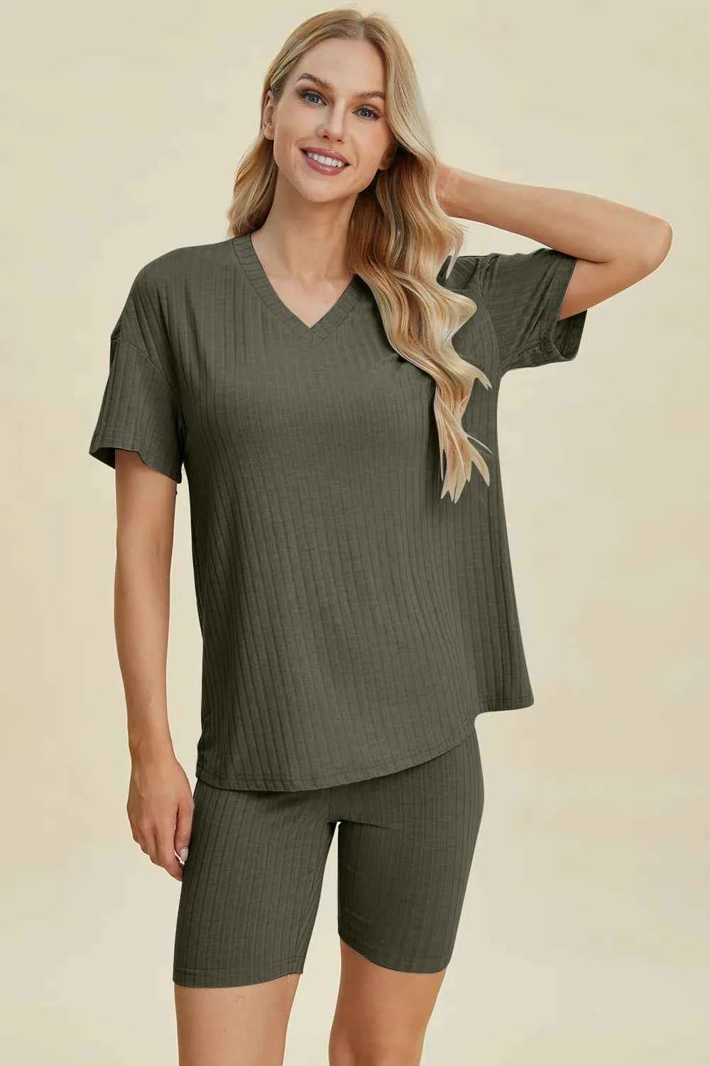 Women's Basic Bae Ribbed V-Neck Top and Shorts Set Two-Piece Multi Colors S-3XL