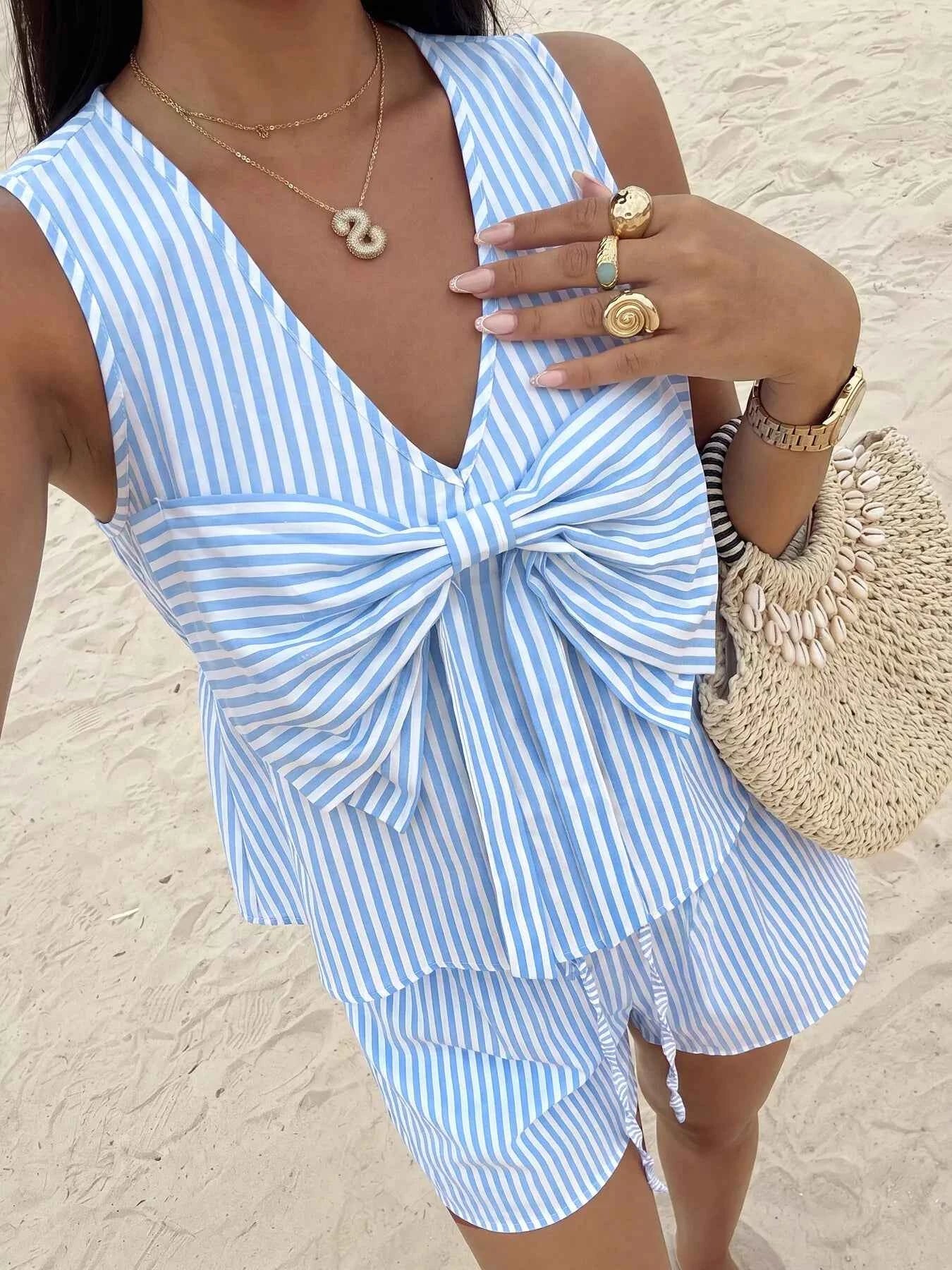 Striped Bowknot Sleeveless Top & Shorts Set