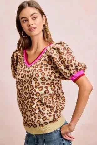 BiBi Women's Leopard Print Puff Sleeve V-Neck Sweater Top Ribbed S-XL