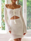 Women's Cutout Lace-Up Openwork Long Sleeve Beach Cover Up Multi Colors S-L White