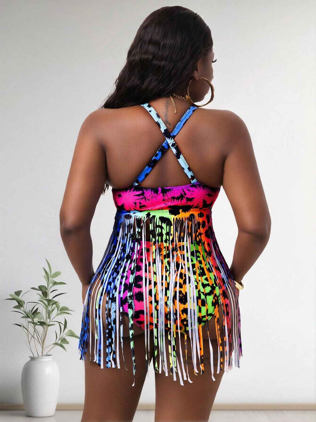 2026 New Plus Size Rainbow Leopard Fringe One-Piece Swimsuit