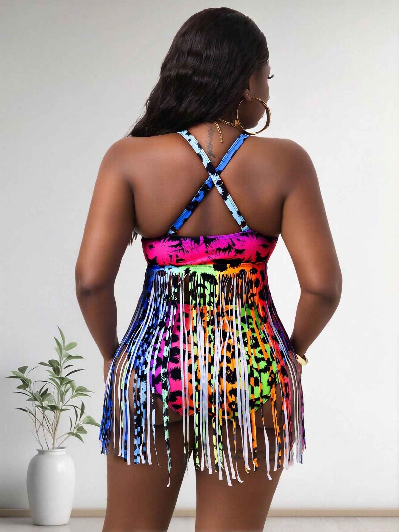 2026 New Plus Size Rainbow Leopard Fringe One-Piece Swimsuit