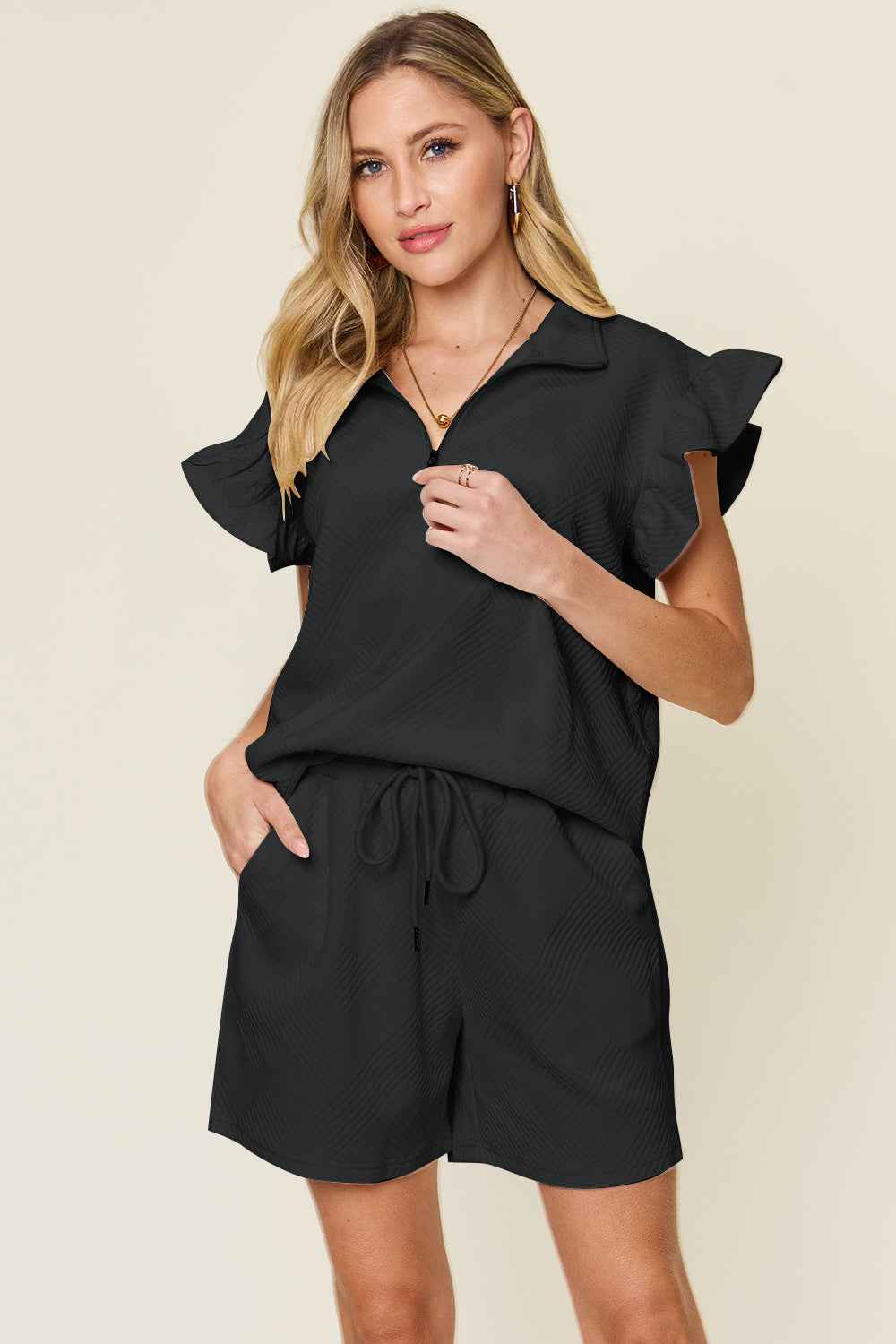 Double Take Women's Flounce Sleeve V-Neck Top Drawstring Shorts Set S-3XL Black