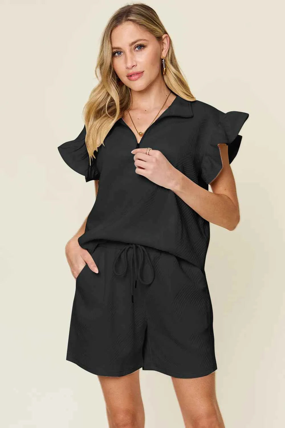 Women's Double Take Flounce Sleeve V-neck Top Shorts Set Two-Piece Multi Colors S-3XL