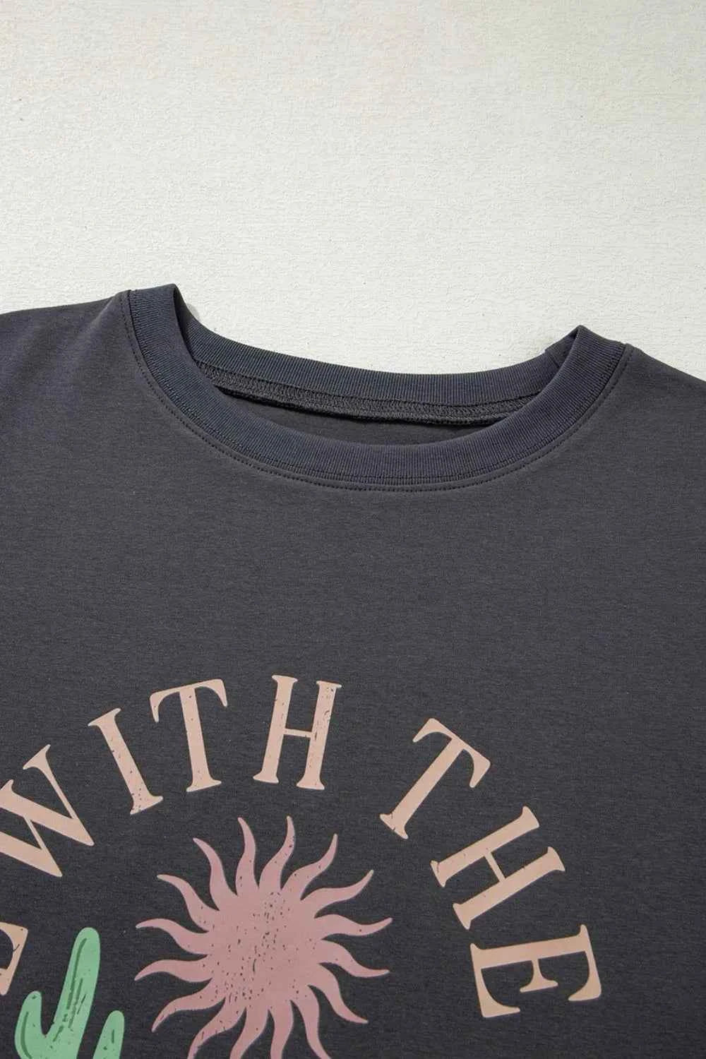 Women's RISE WITH THE SUN Graphic Round Neck Short Sleeve Tee Dark Gray S-XL