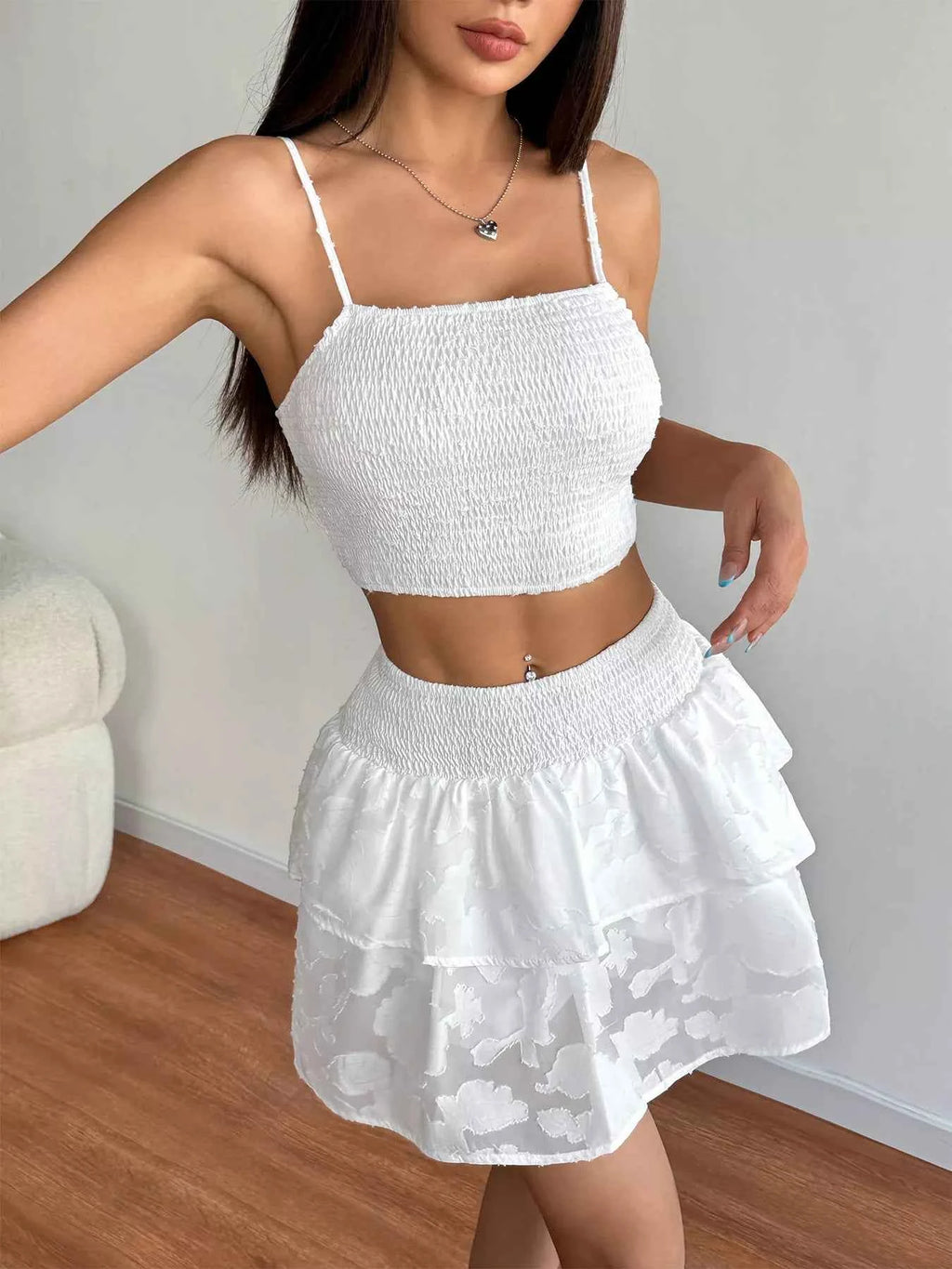 Smocked Crop Top & Ruffle Mini Skirt Set White