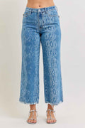 Judy Blue Women's High Rise Ankle Wide Leg Jeans Raw Hem Print 0-15 PRINT