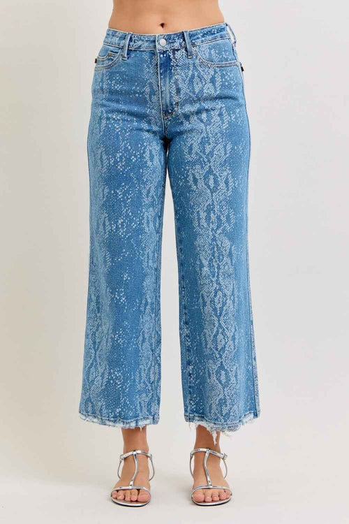 Judy Blue Women's High Rise Ankle Wide Leg Jeans Raw Hem Print 0-15 PRINT