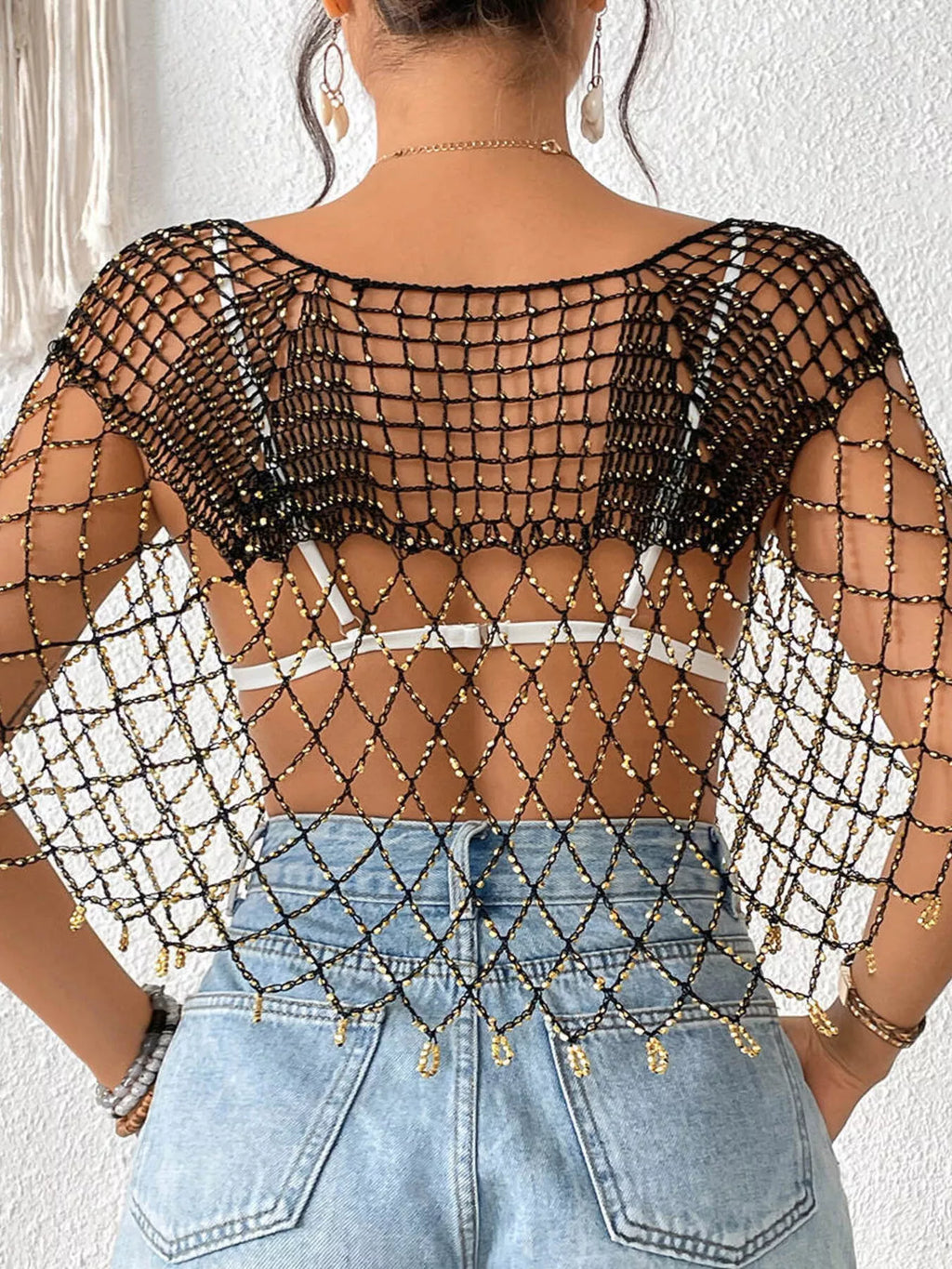 Women's Beaded Crochet Cover Up Cutout Beach Boho One Size Black White Gold