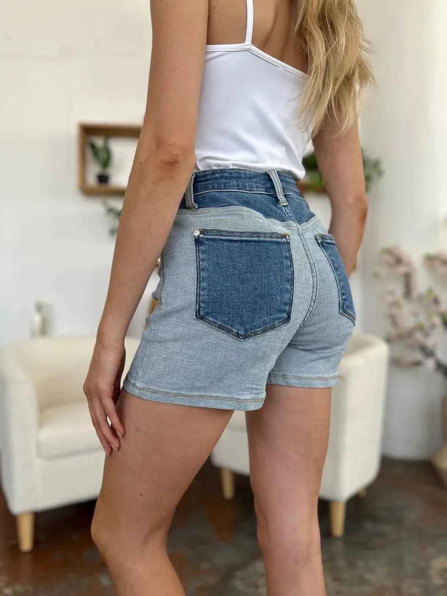 Women's Judy Blue Color Block Denim Shorts Pockets Light Medium Wash S-3XL LT MD
