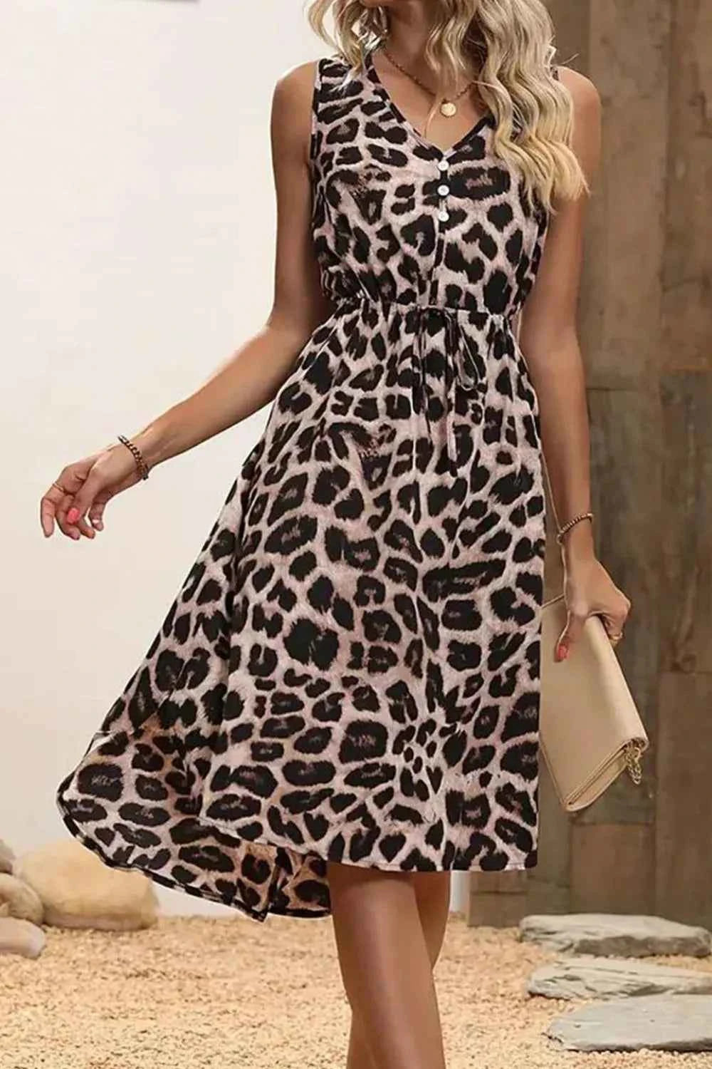 Women's Leopard Print V-Neck Sleeveless Midi Dress Tie Button Boho Beach Leopard S-XL