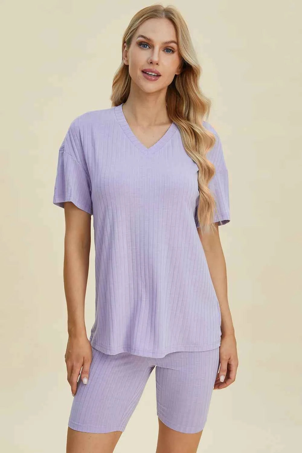 Women's Basic Bae Ribbed V-Neck Top and Shorts Set Two-Piece Multi Colors S-3XL