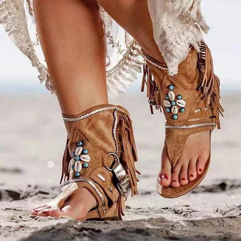 Women's Boho Fringe Ankle Cuff Sandals Low Heel Black Beige Khaki EU 35-43