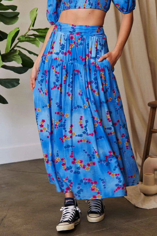 Davi & Dani Women's Floral Smocked Waist Ruffled Maxi Skirt Ocean Blue S-L OCEAN BLUE